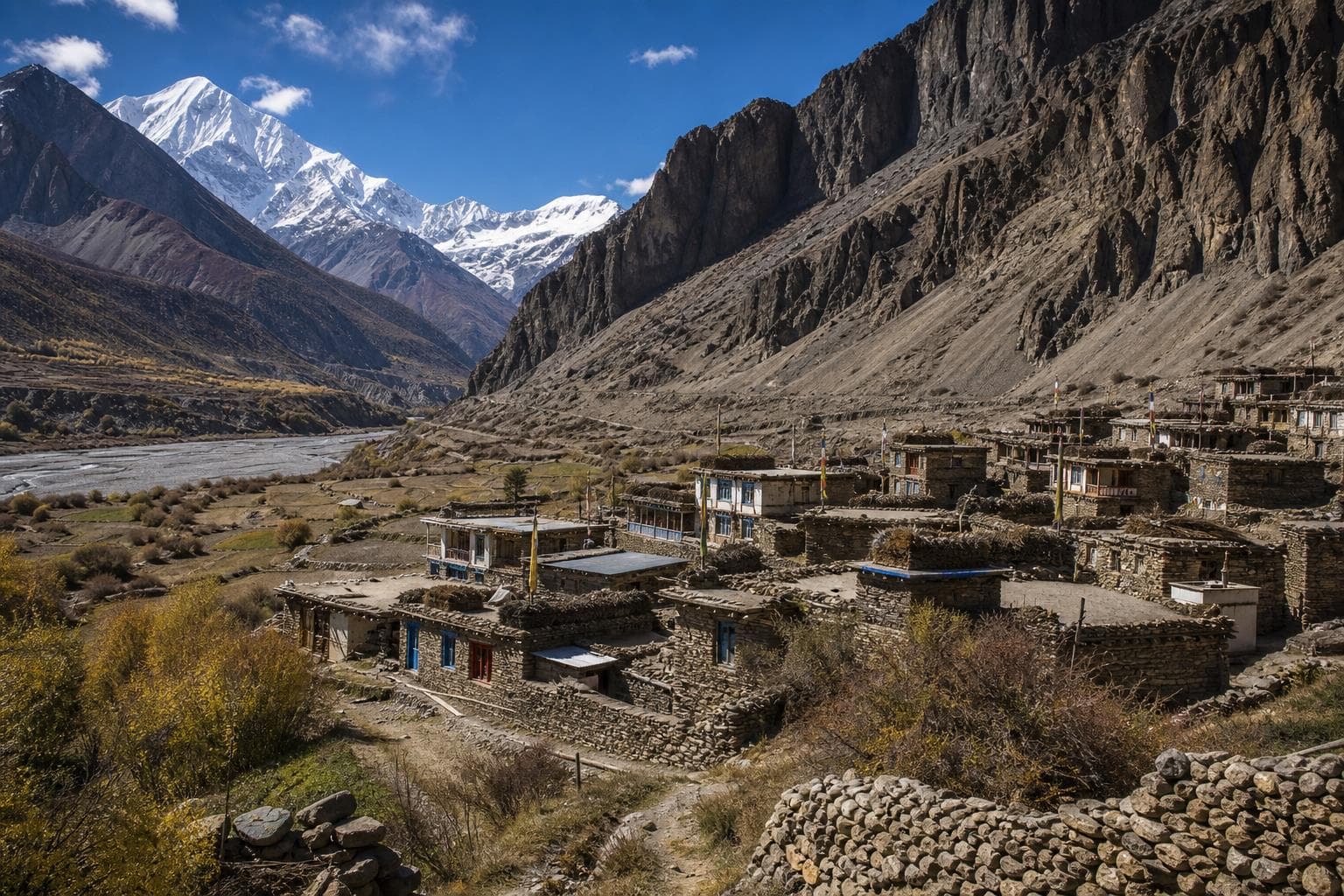 Mountain landscape and settlement in Manang, Nepal